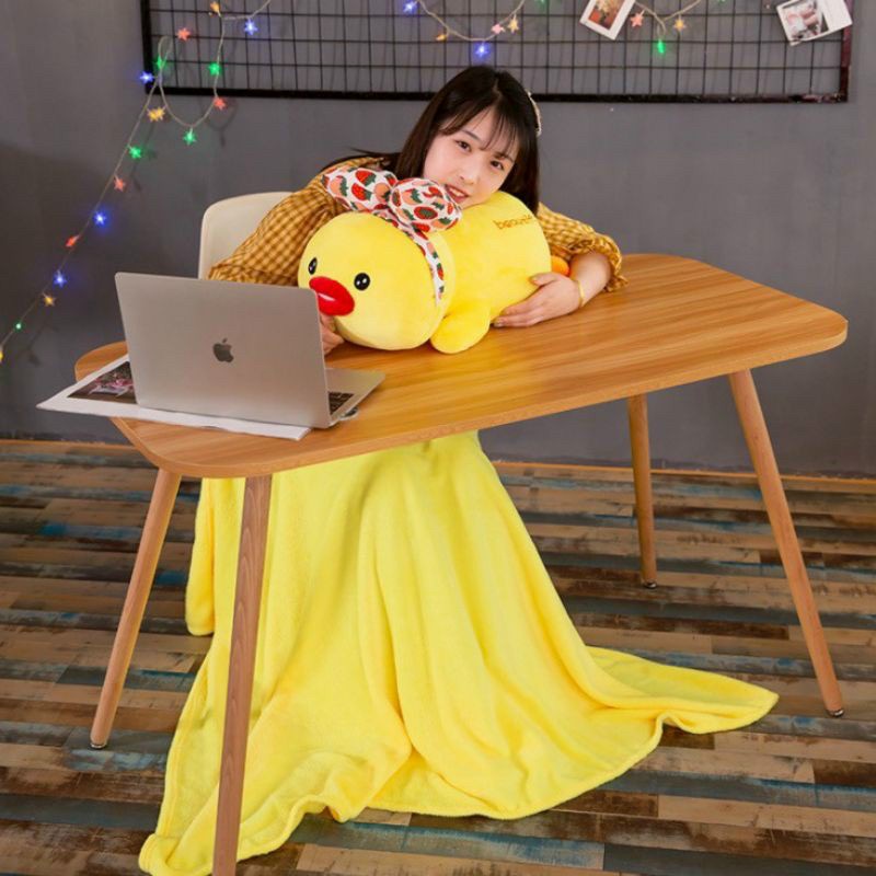 Bộ chăn kèm gối 2in1 hình chú vịt đeo nơ cho bé đi học, làm việc văn phòng