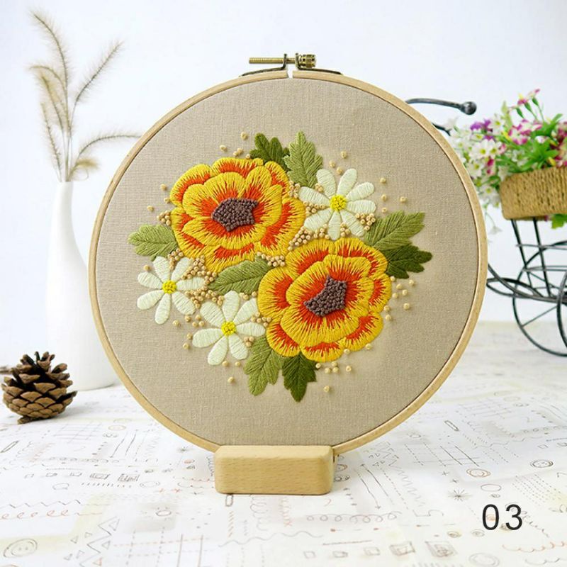Bộ dụng cụ thêu tranh với họa tiết và kim thêu dành cho người mới bắt đầu 4 mẫu hoa đẹp