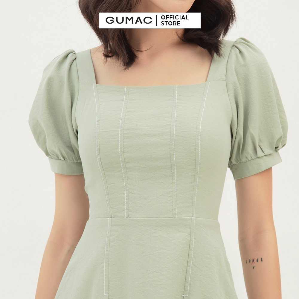 [Mã MABR07062 giảm 8% tối đa 50K đơn từ 249K] Đầm xòe nữ cổ vuông dằn chỉ GUMAC màu xanh trơn DB345 | BigBuy360 - bigbuy360.vn