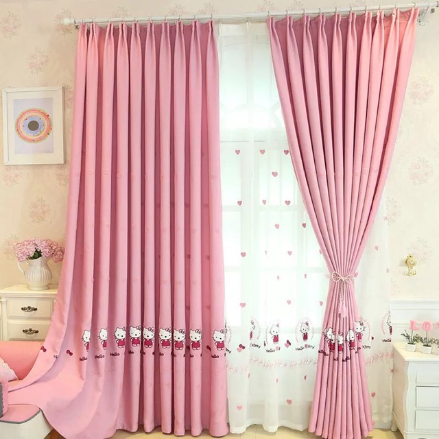 [Mã LIFEHLDEC giảm 10% đơn 99k] (QUÀ TẶNG CHO BÉ) Rèm Thêu Kitty xinh xắn, rèm cửa màu hồng trang trí phòng ngủ trẻ em
