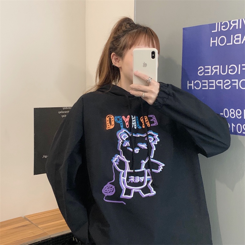 【ZHELIHANGFEI】Áo Hoodie Tay Dài Form Rộng Họa Tiết Gấu