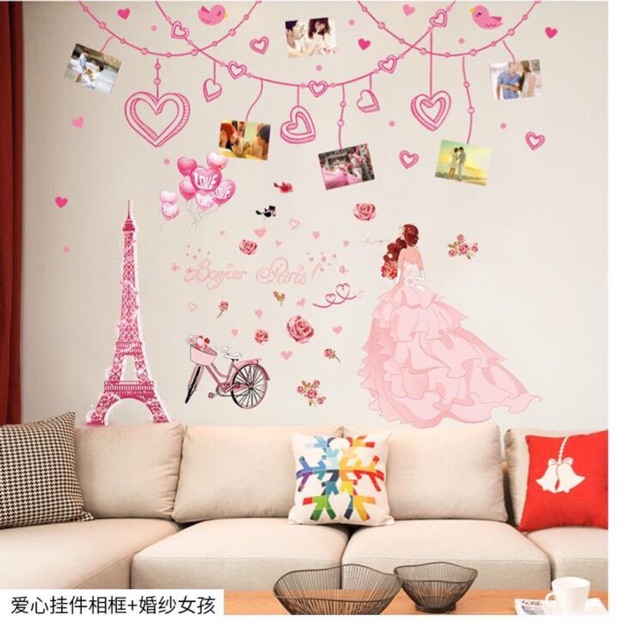 DECAL DÁN TƯỜNG CÔ DÂU TÁN TRÁI TIM [Bao_rẻ] - Tranh dán tường phòng ngủ mẫu cô dâu khung trái tim