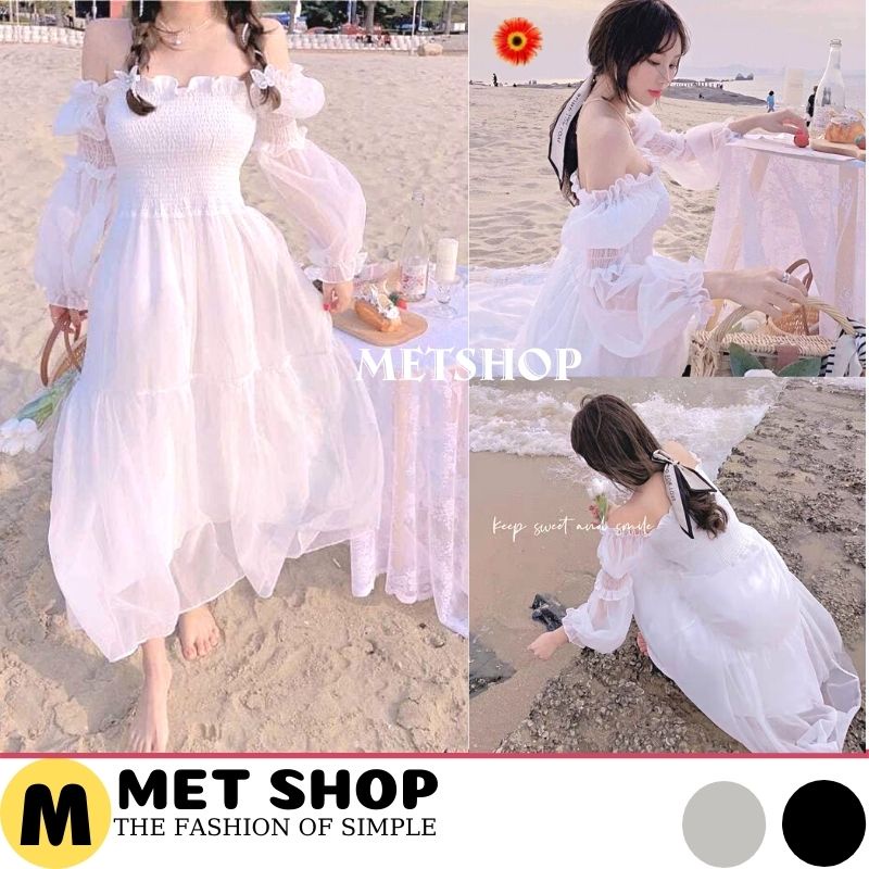 Đầm công chúa ,váy trễ vai tay voan 2 lớp dáng xòe ,bo chun ngực màu trắng ,kỉ yếu tiệc du lịch vintage ,METSHOP