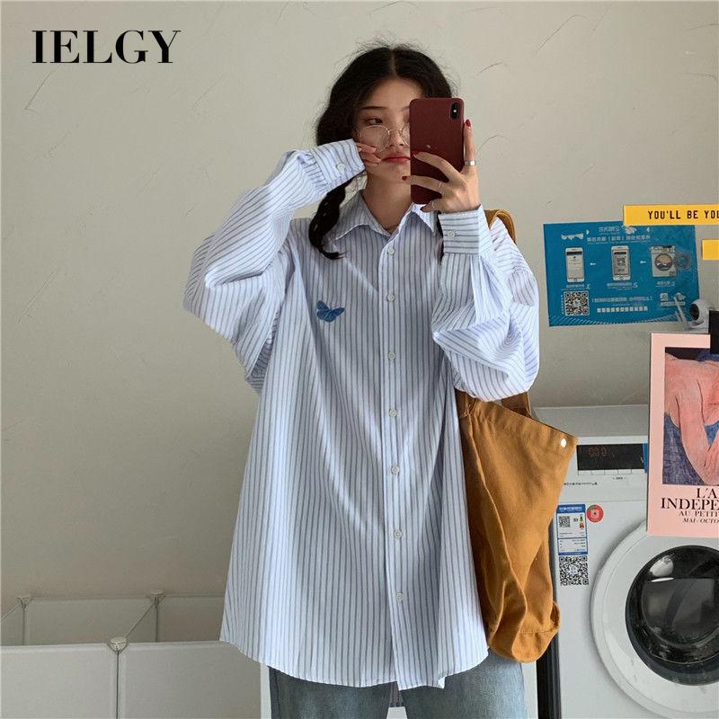IELGY Áo sơ mi nữ dáng rộng tay dài cổ polo kẻ sọc họa tiết thêu thời trang Hàn Quốc