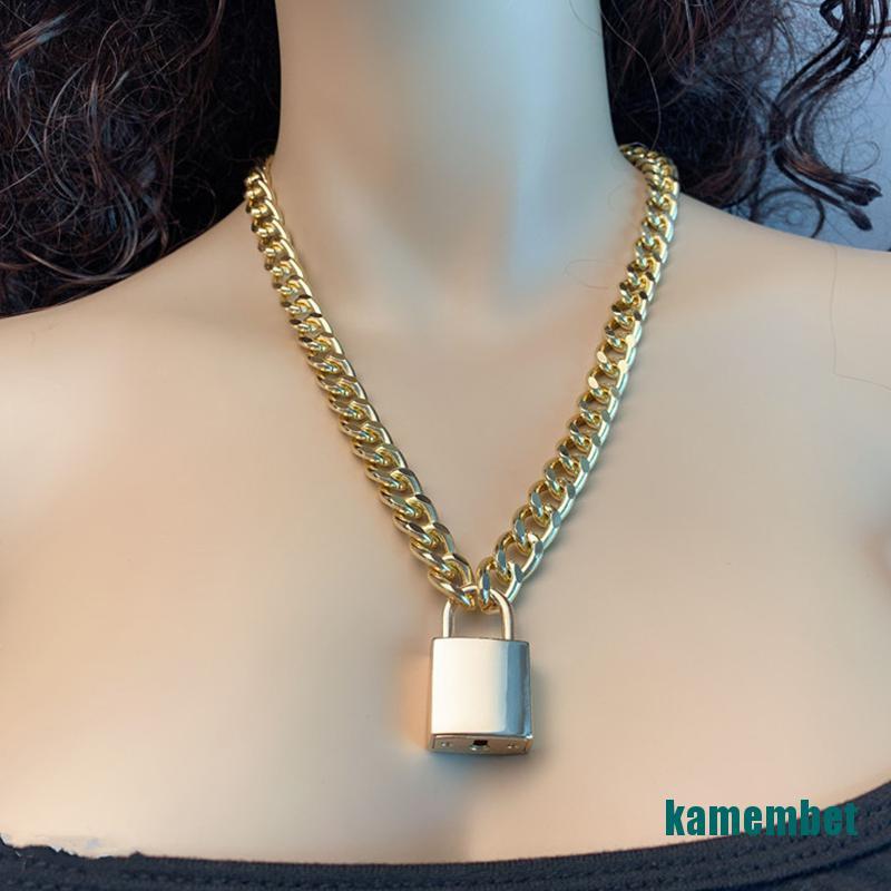 (new)Vintage Chunky Thick Link Chain Necklace For Women Gold Color Padlock Pendants