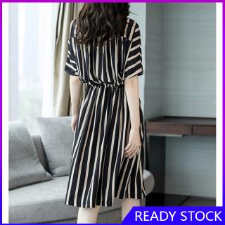 FL【COD Ready】Đầm nữ kẻ sọc lưng thun thời trang