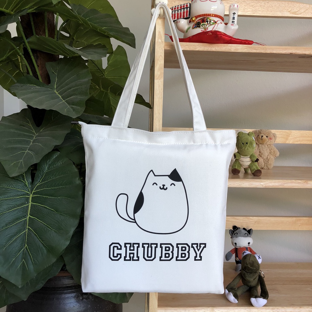 Túi tote vài canvas đeo vai Mèo Chubby đáng yêu