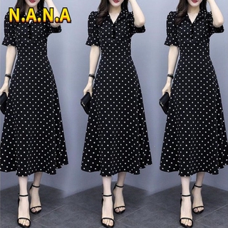 Đầm nữ dài tay cổ chữ v chấm bi thời trang