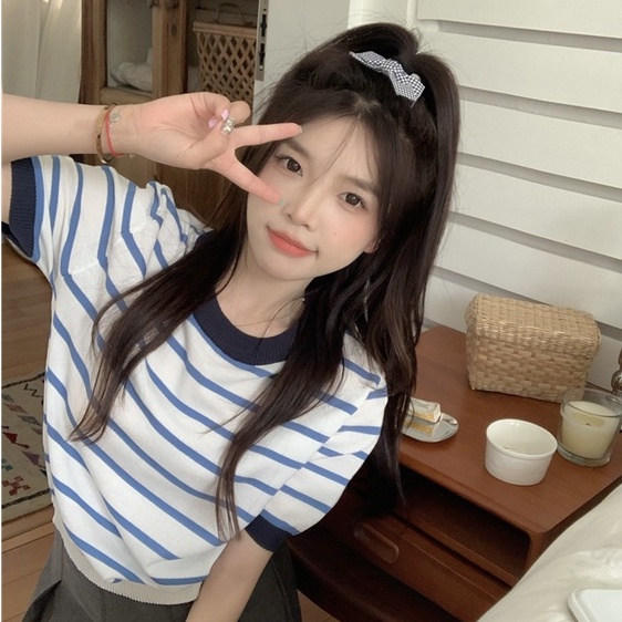 Áo thun dệt kim ZHELIHANGFEI ngắn tay họa tiết kẻ sọc phong cách thời trang dễ phối đồ