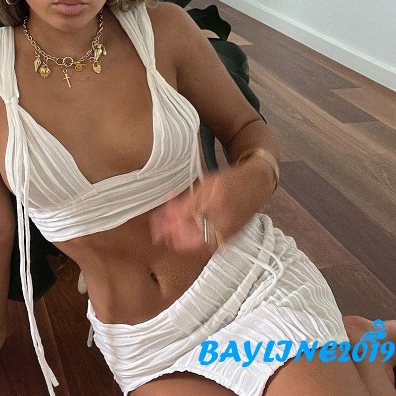 Bay-Women 2Pcs Summer Outfits, Sleeveless Deep V Neck Pleated Tank Tops + Split Mini Skirt Set