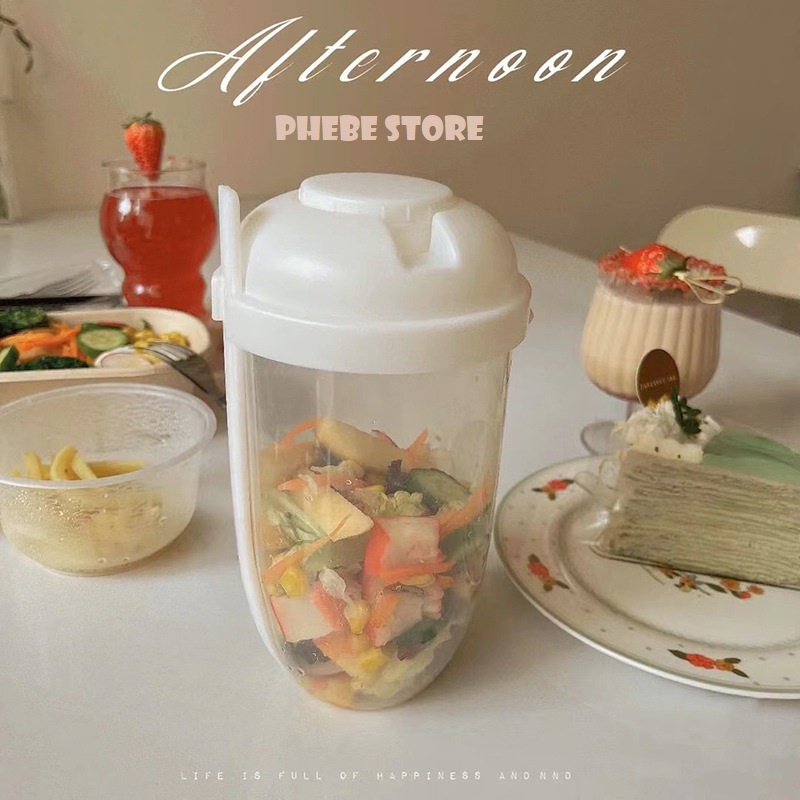 Cốc salad đựng rau trộn trái cây ngũ cốc sữa chua yaua ăn kiêng eatclean có nắp kèm nĩa và ly chứa nước sốt tiện dụng