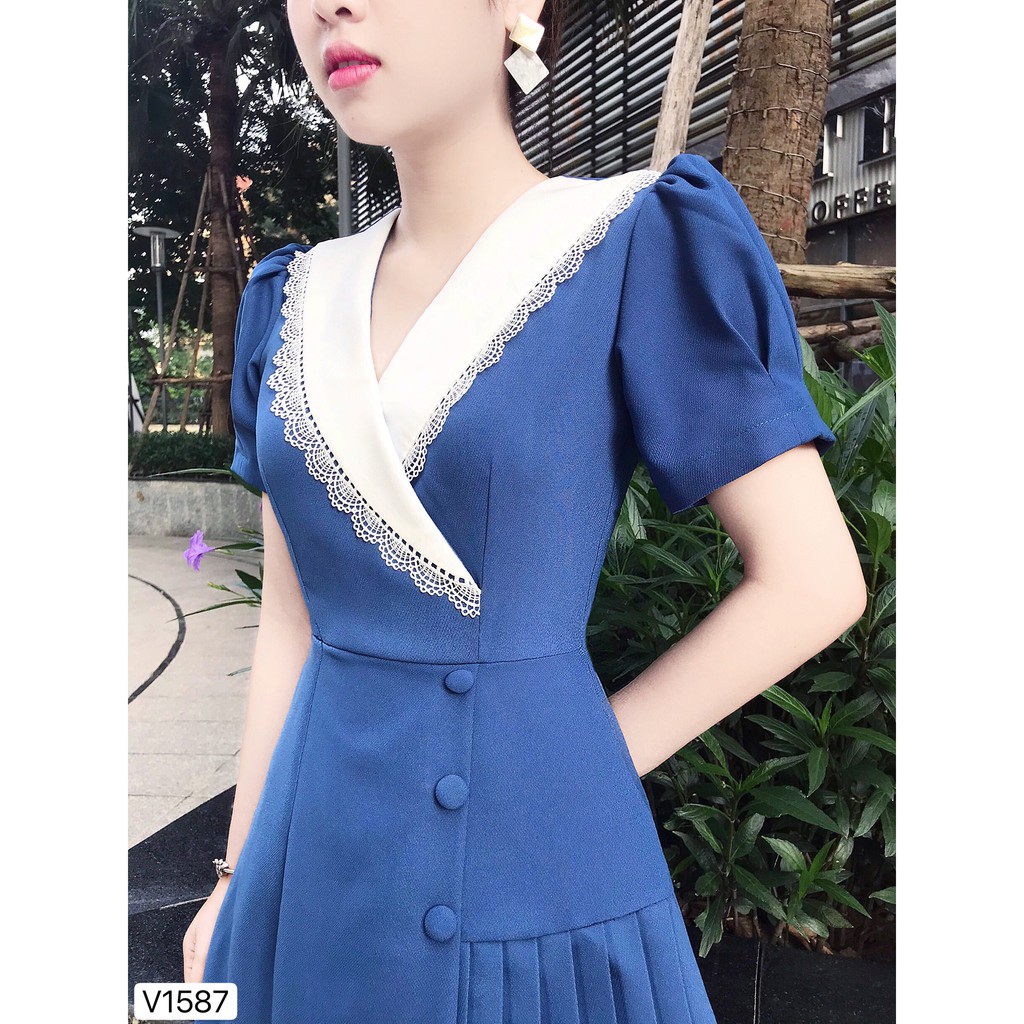 Váy xanh cổ trắng viền ren V1587 - Đẹp Shop DVC ( p)