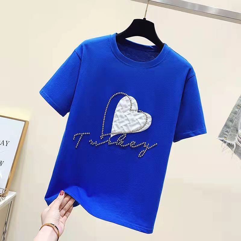 Áo thun form rộng ngắn tay cổ tròn đính hạt hình trái tim Châu Âu cảm giác Hàn Quốc