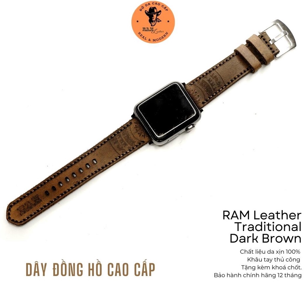 Dây đồng hồ Apple Watch , Iwatch , Iphone Watch Da Bò Nâu Đất Họa Tiết Trống Đồng RAM Leather  Bền Đẹp