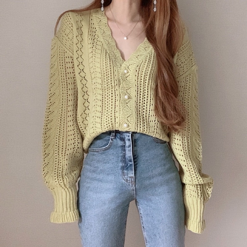 Áo Khoác Cardigan Len Ren Cúc Ngọc Vintage