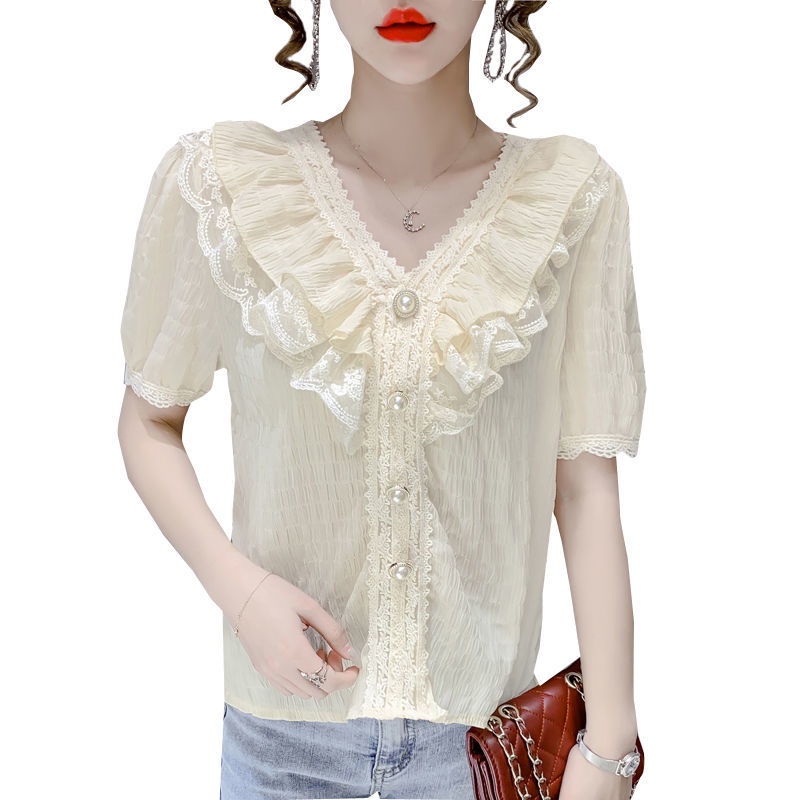 Áo Sơ Mi Chiffon Cổ Chữ V Phối Ren Bèo Thời Trang Mùa Hè Xinh Xắn Cho Nữ