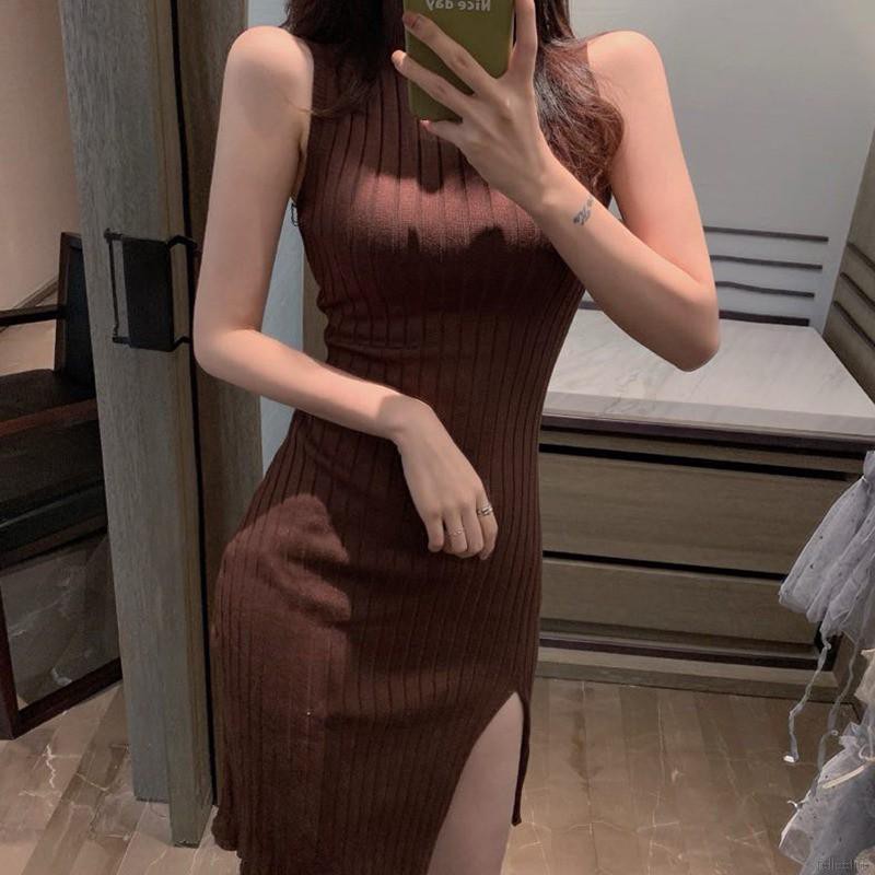 Round Neck Knit Women Slit Dress Novel Chic Solid Color Sleeveless Knee-length | BigBuy360 - bigbuy360.vn
