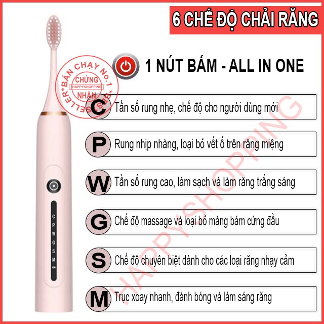 Bàn chải điện Sonic X7 cao cấp, Bàn chải đánh răng điện công nghệ châu Âu 6 chế độ rung bản 2021