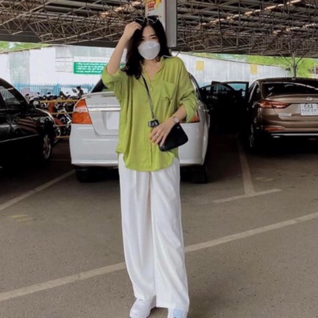 CÓ SẴN Áo sơmi xanh bơ kèm quần baggy trắng Đàm tổng - Set đồ hot trend mùa hè 2022KÈM ẢNH THẬT