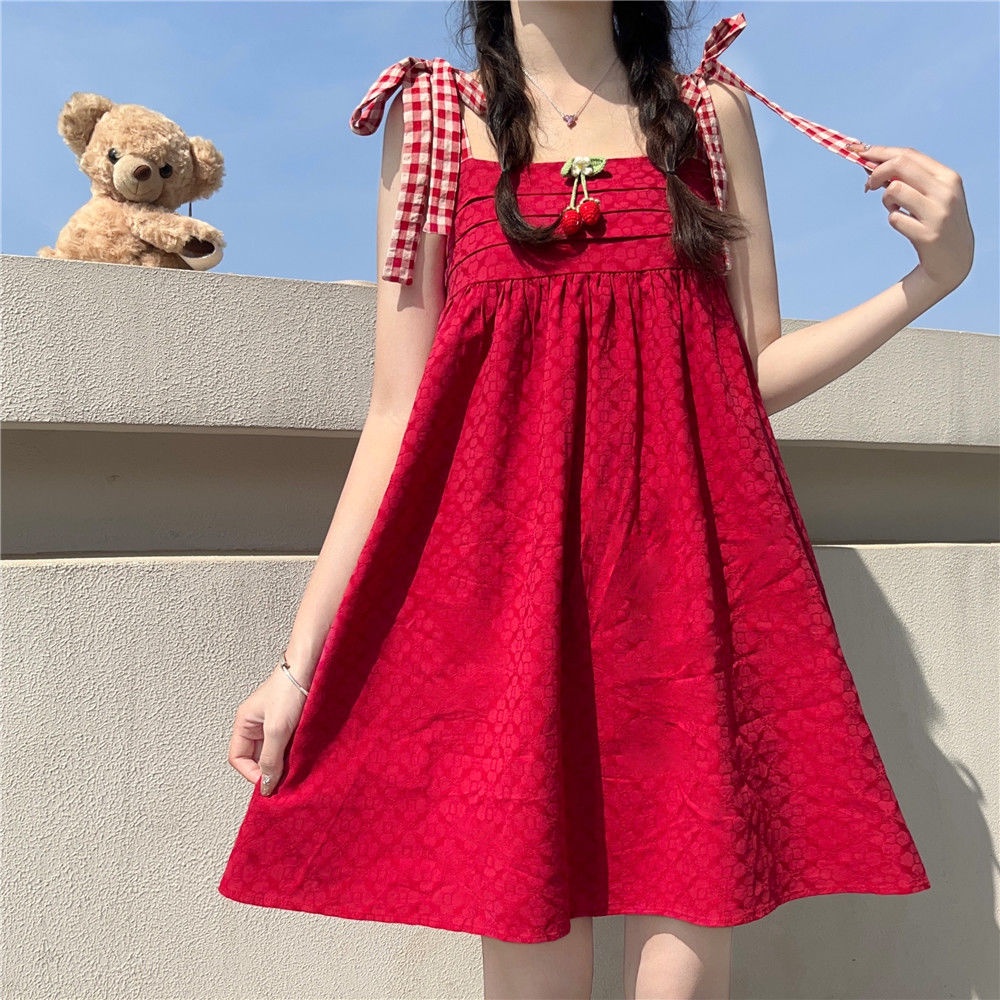 Set Đầm Hai Dây + Áo Khoác Cardigan Chống Nắng Tay Phồng Đính Nơ Họa Tiết Dâu Tây Dễ Thương Cho Nữ