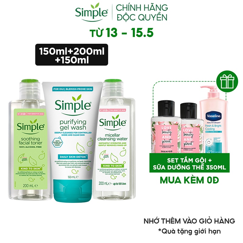 CHÍNH HÃNG Combo Simple Tẩy trang Micellar 200ml + Sữa rửa mặt 150ml +