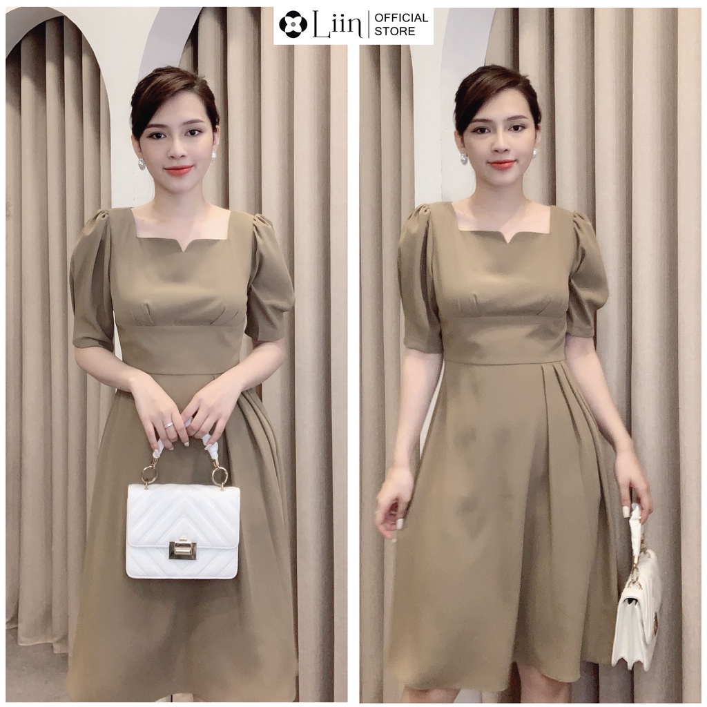 Đầm nữ cao cấp màu rêu thiết kế cổ vuông tay bồng kiểu dáng trẻ trung, thời thượng Liin Clothing D6443