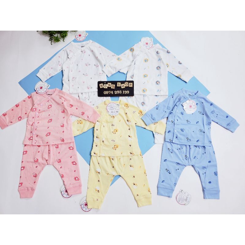 Bộ quần áo dài tay sơ sinh mùa hè điều hòa cúc cài lệch vải cotton mỏng Dokma 3-8kg