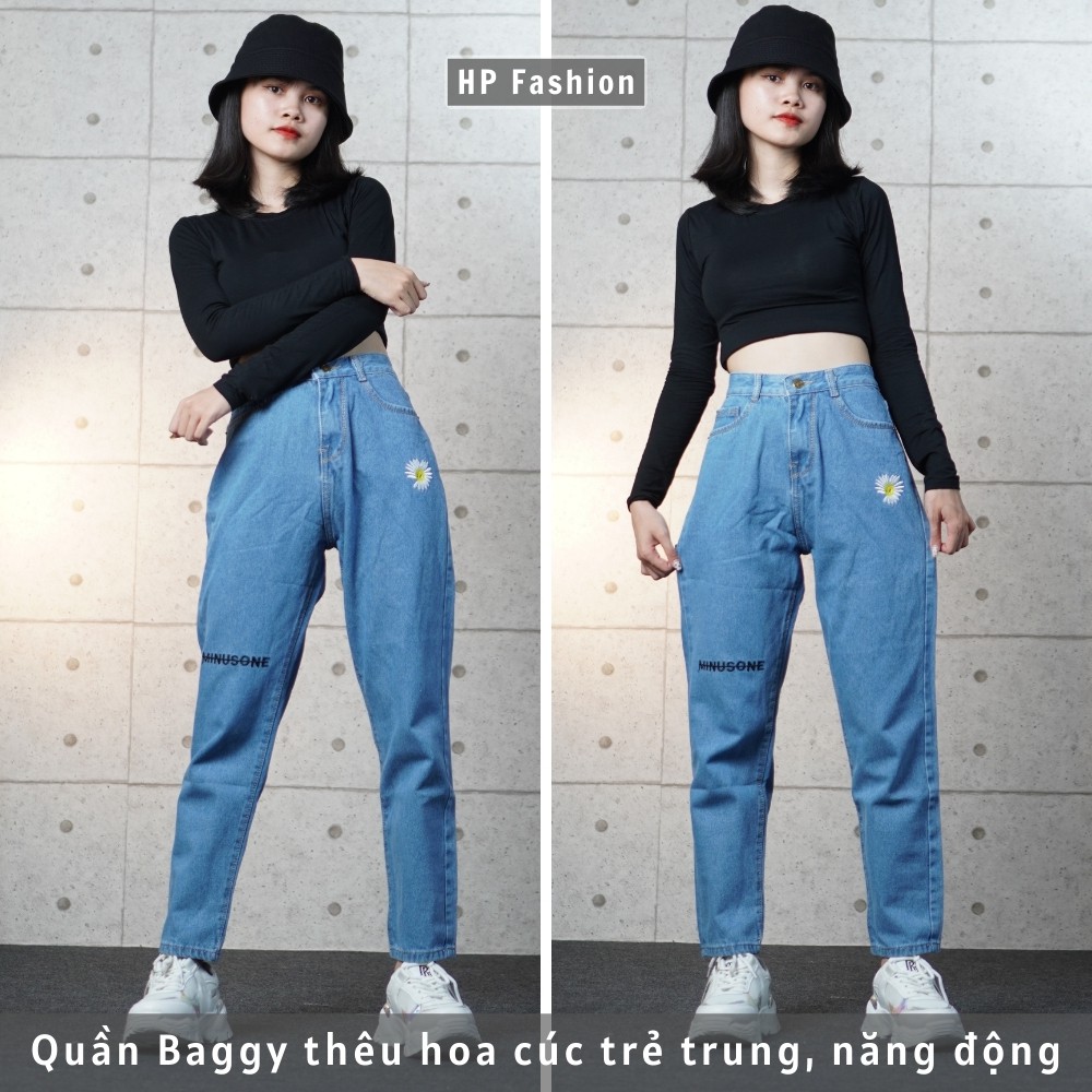 Quần baggy nữ ❤️ Quần jean cạp cao thêu hoa cúc chất bò dày dặn trẻ trung - QJ03