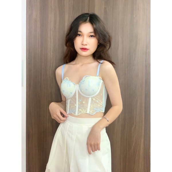 Áo corset / Áo croptop ren hoa xanh/hồng