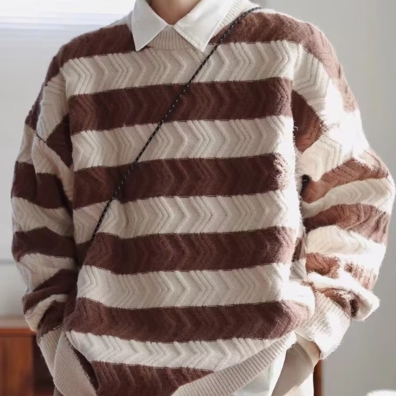 Áo Sweater Chui Đầu Dáng Rộng Họa Tiết Kẻ Sọc Đơn Giản Thời Trang Mùa Thu Phong Cách Hàn Quốc Cho Nam Và Nữ