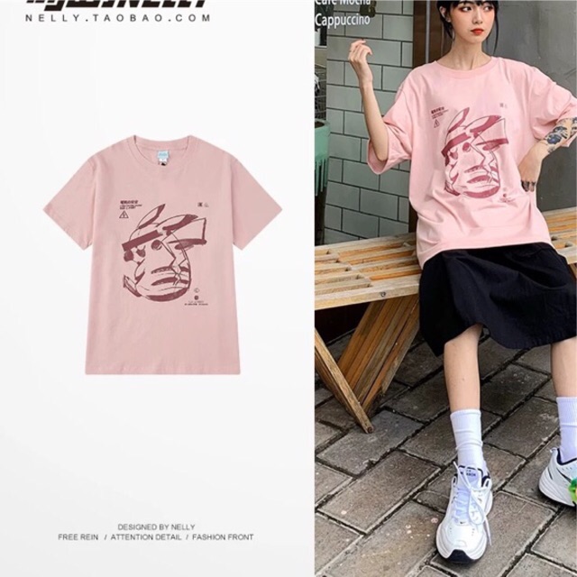 Áo phông nelly (có sẵn) hồng pikachu gạch mặt