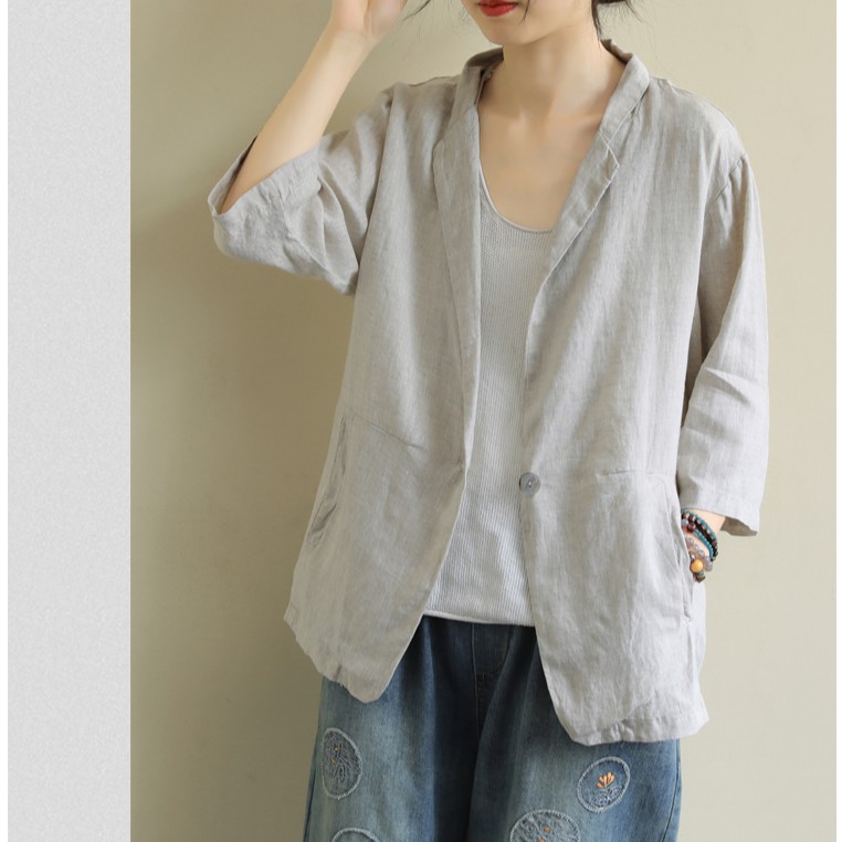 Áo vest balze linen dáng lửng tay lỡ 2 túi bên, chất vải linen tự nhiên, thời trang phong cách Nhật Bản