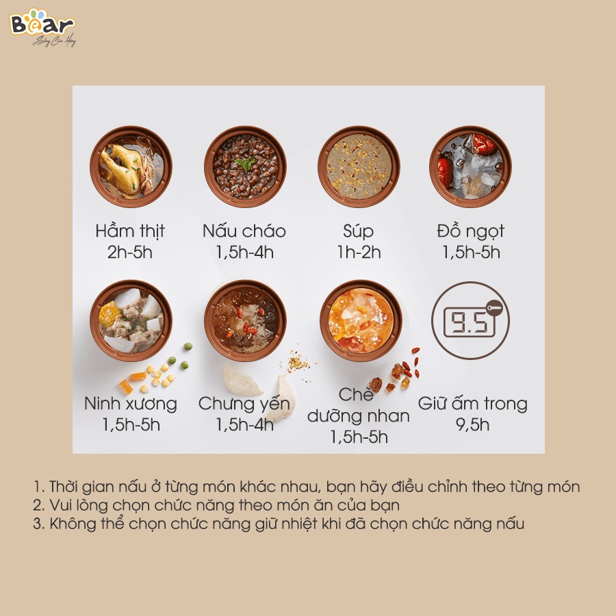 Nồi Nấu Chậm Thố Đất Tử Sa Bear 2,5L Đa Năng Nấu Cháo, Chưng Yến DDZ-C25R6 - Hàng chính hãng, bảo hành 18 tháng