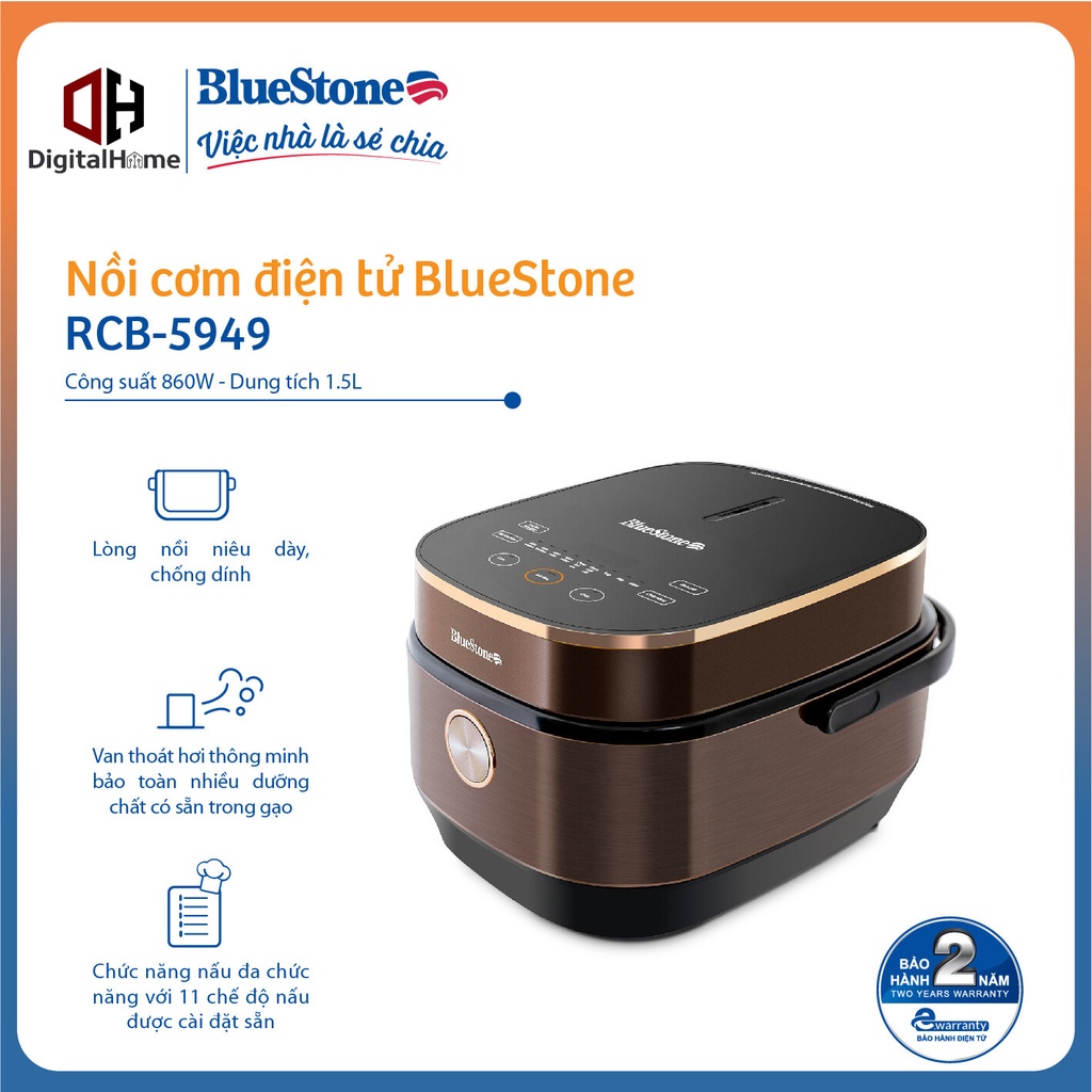 Nồi Cơm Điện Tử  BlueStone RCB 5949, Công Suất 800w, Dung Tích 1,5Lit, Bảo Hành Chính Hãng 2 Năm
