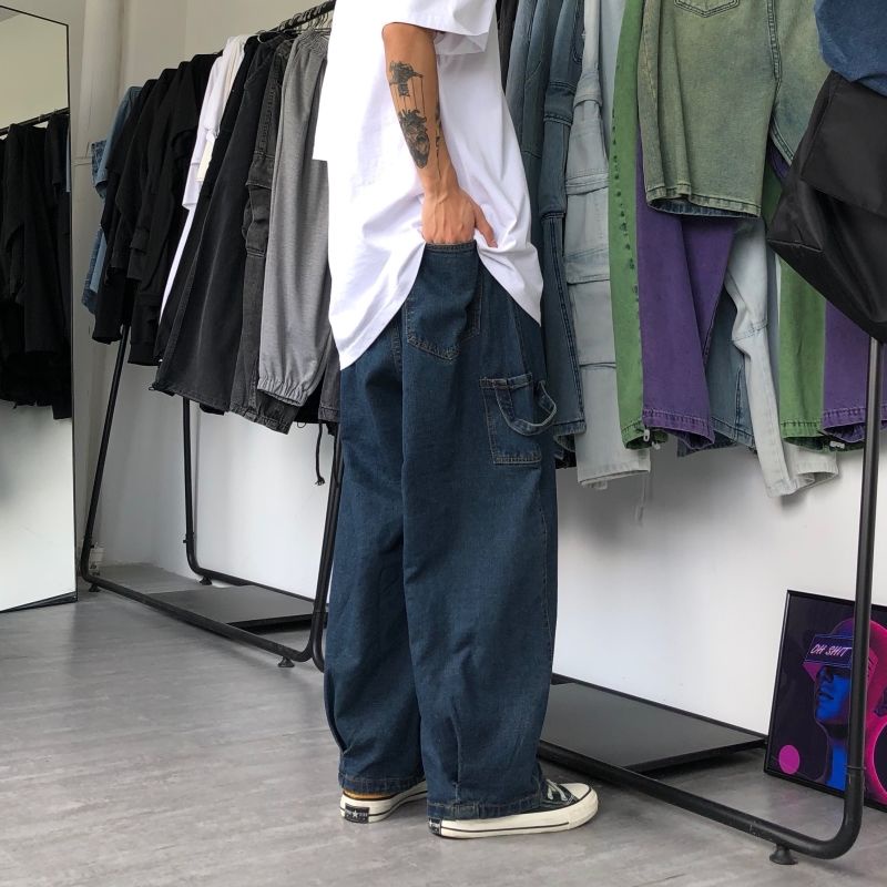Quần jeans ống rộng phong cách Nhật Bản retro cho nam và nữ