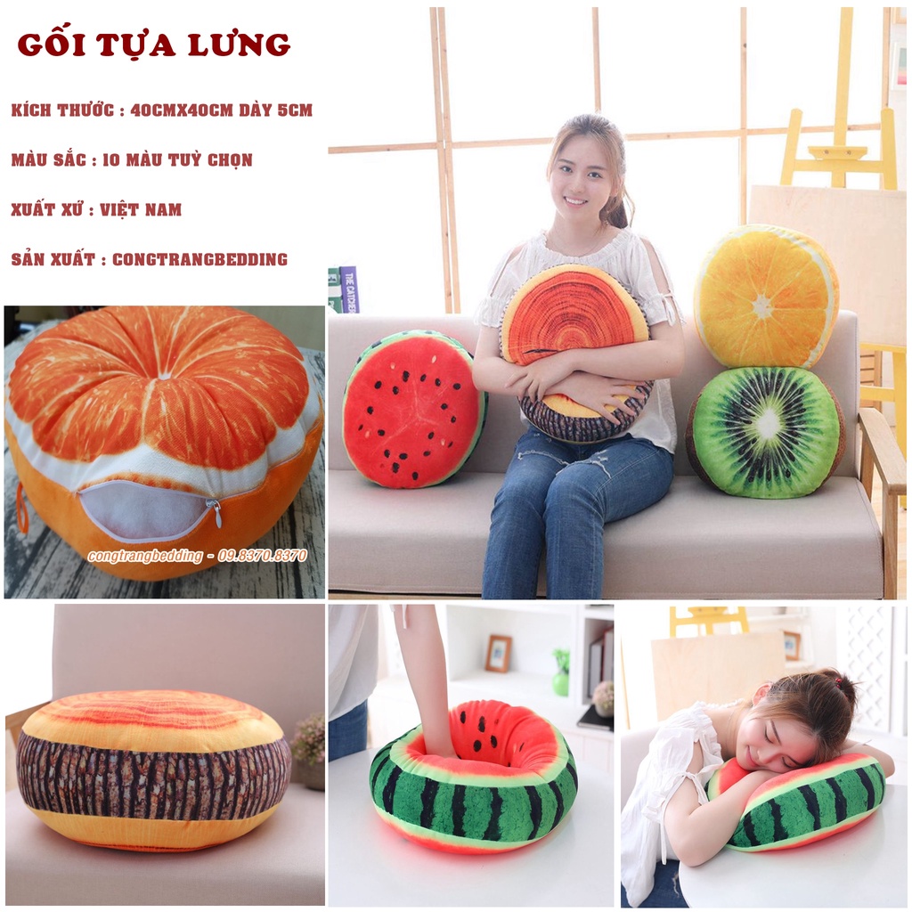 Gối Tựa Lưng, Đệm ngồi bệt Văn Phòng Trái Cây 3D, Gối Tựa Hoa Quả Ruột Bông Trắng - Size 40cm x 40cm