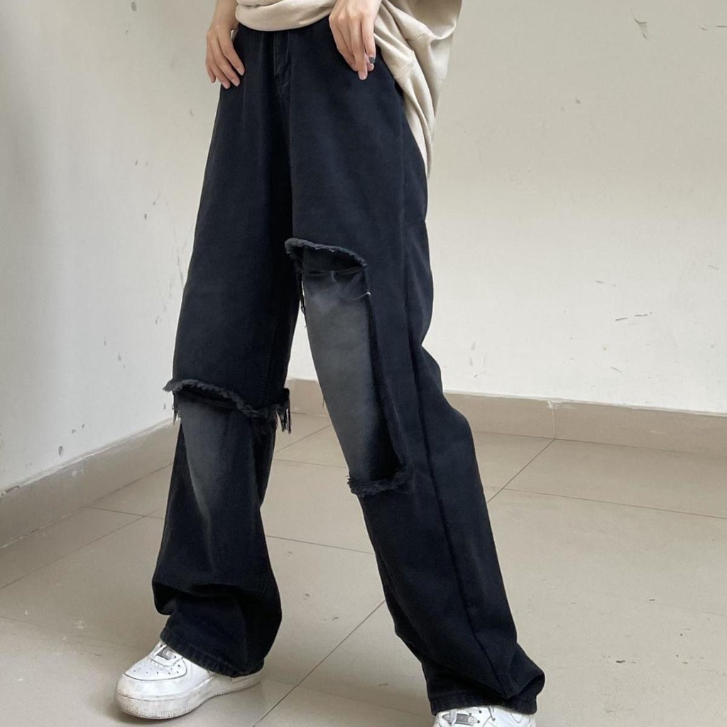Quần jean dài lưng cao ống rộng dáng suông kiểu retro cá tính cho nữ