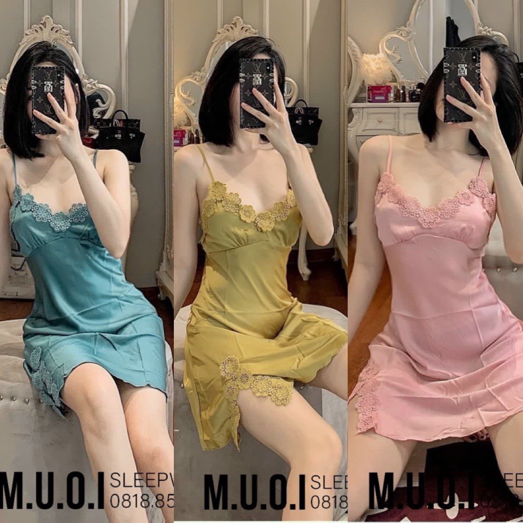 Váy ngủ lụa hoa ngực xẻ tà QUẢNG CHÂU cao cấp sx 116 - hàng có sẵn ( video kèm ảnh thật)