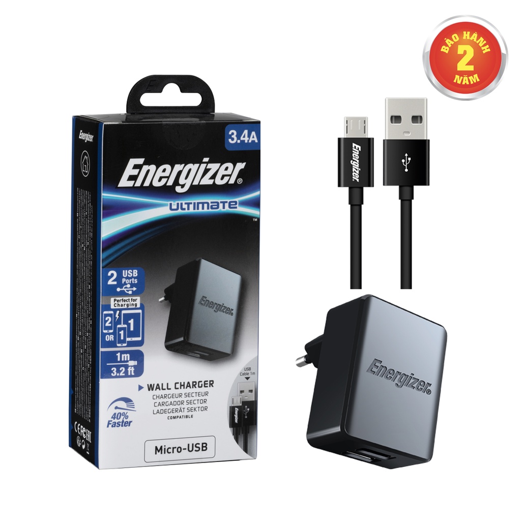Cốc Sạc Energizer 3.4A 2 Cổng [Kèm Cáp Micro-USB] - ACA2CEUUMC3
