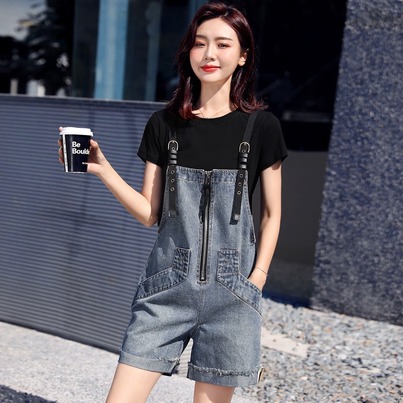 👑Binway👑 Phong cách phương Tây quần yếm denim mỏng rời quần short ngắn dây kéo thời trang hợp thời trang nữ dễ thương