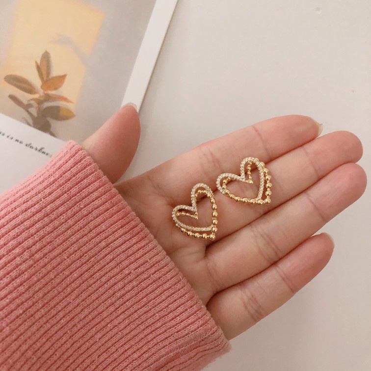 Bông tai hai lớp hình trái tim rỗng đơn giản sang trọng chất lượng cao