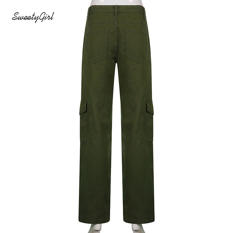 Quần Dài Lưng Thấp Dáng Rộng Có Túi In Họa Tiết Màu Xanh Lá Tương Phản Thời Trang 2022 Cho Nữ