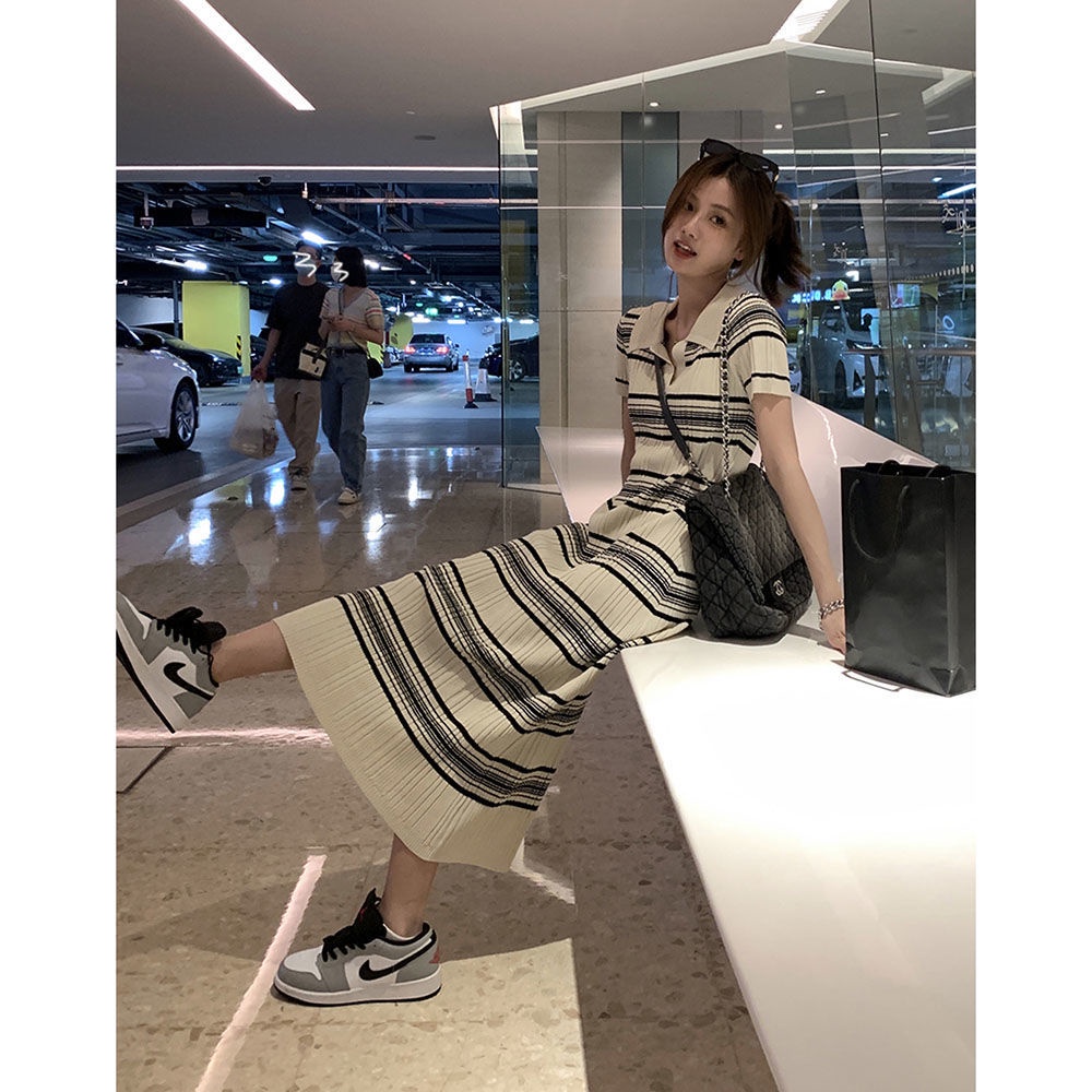 Đầm Dệt Kim Cổ Polo Tay Ngắn Họa Tiết Kẻ Sọc Phong Cách Hàn Quốc Thời Trang Mùa Hè Dành Cho Nữ 2022