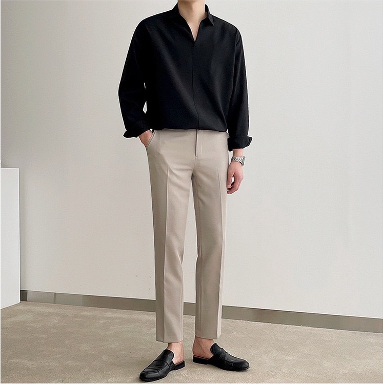 sơ mi nam cách điệu kiểu cổ V - vải lụa trơn không nhăn cao cấp form suông rộng , công sở phong cách Hàn Quốc