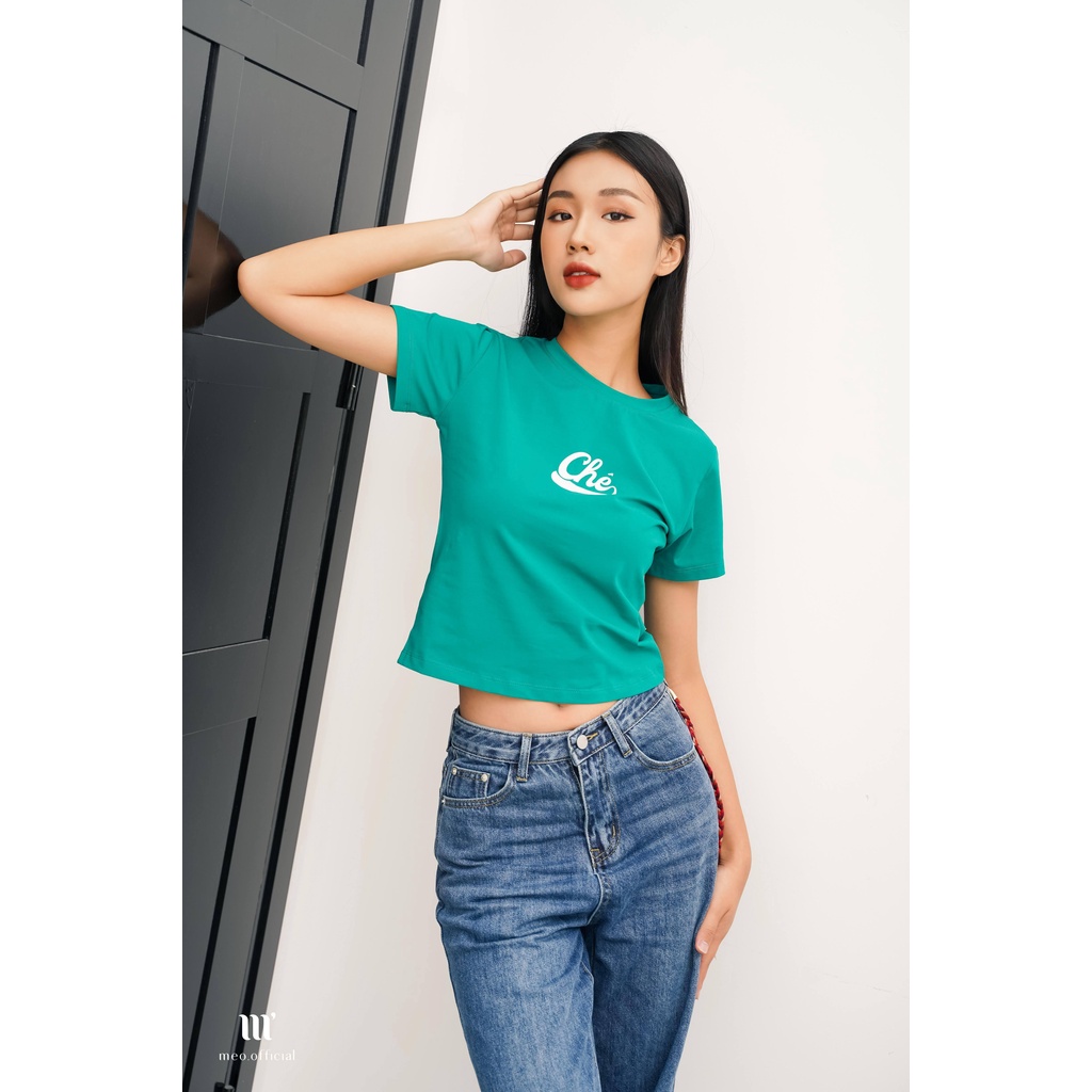 Áo thun tay lỡ Méo shop cổ tròn cotton in chữ Chê dáng croptop