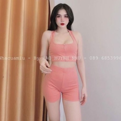 Sét bộ áo zip kéo &amp; quần đùi ôm lưng cao tập gym