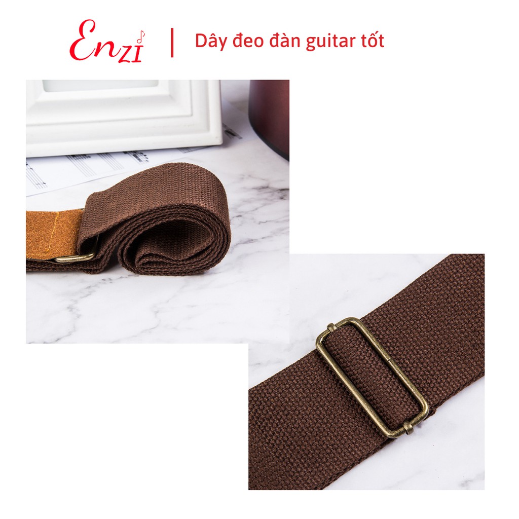 Dây đeo đàn guitar ukulele đàn classic, acoustic ghi ta bass  ghita điện phối da lộn màu kem nâu đen Enzi