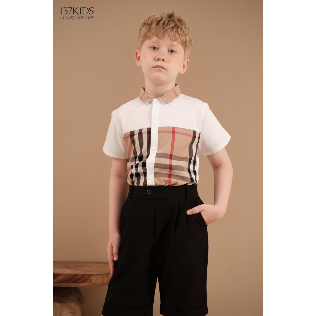 Áo sơ mi burberry 137Kids trắng cộc tay vải cotton thoáng mát cho bé trai