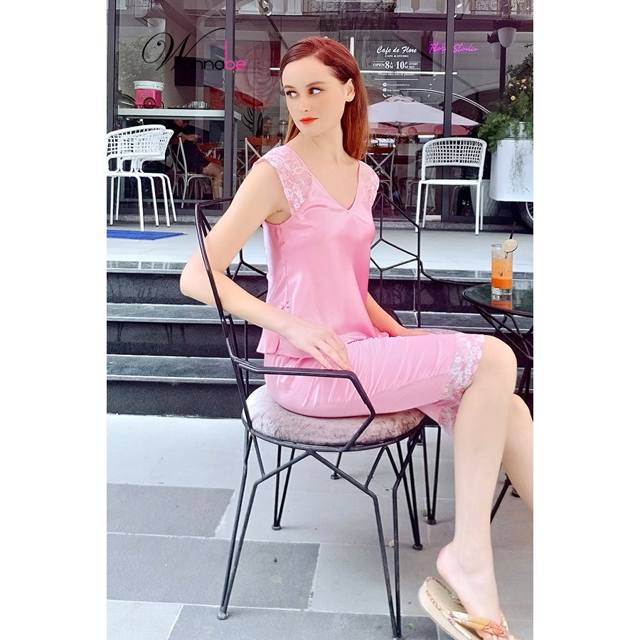 Đồ bộ mặc nhà phi lụa wannabe bộ lửng bls06 phối ren hoa nhã nhặn