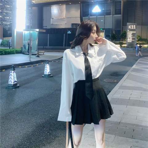 Áo Sơ Mi Tay Dài Dáng Rộng Tay Dài Màu Trắng Thắt Cà Vạt In Chữ Phong Cách JK Hàng Mới 2020 Dành Cho Bạn Nữ